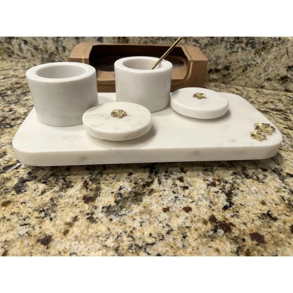 White Marble Salt And Pepper Cellar Set With Marble Base And Gold Spoon And Acce